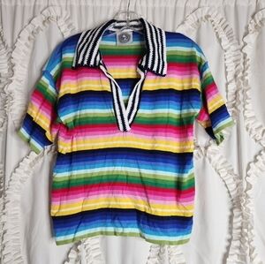 Happy Sheep Rainbow Knit Blouse Colorful Striped Top Size Small